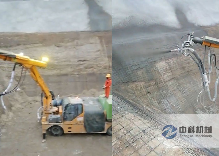 混凝土濕噴(pēn)機械手基坑邊坡掛網噴漿(jiāng)施工視頻(pín)
